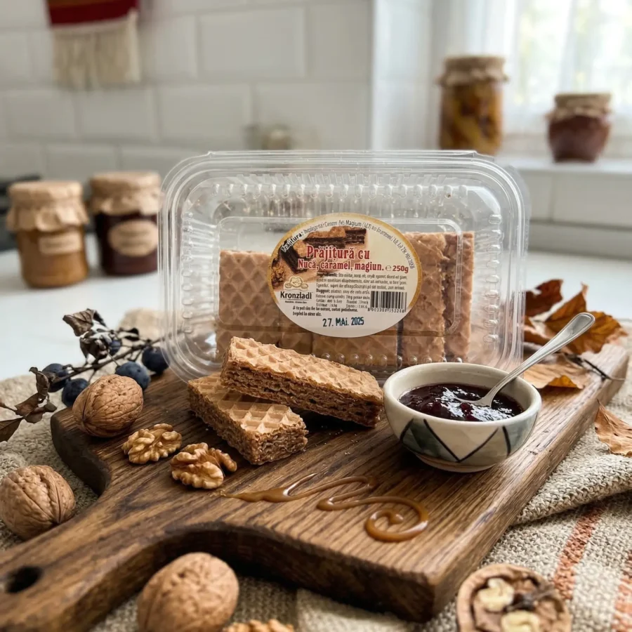 Prajitura cu nuca, caramel, magiun